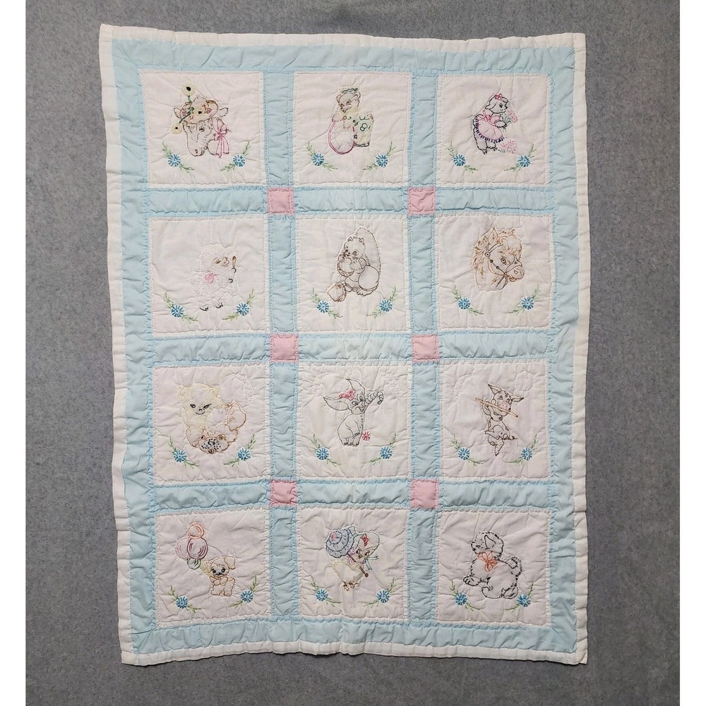 VTG Handmade Baby Blanket Cross Stitch Embroidered Cute Animals Blue 32x43